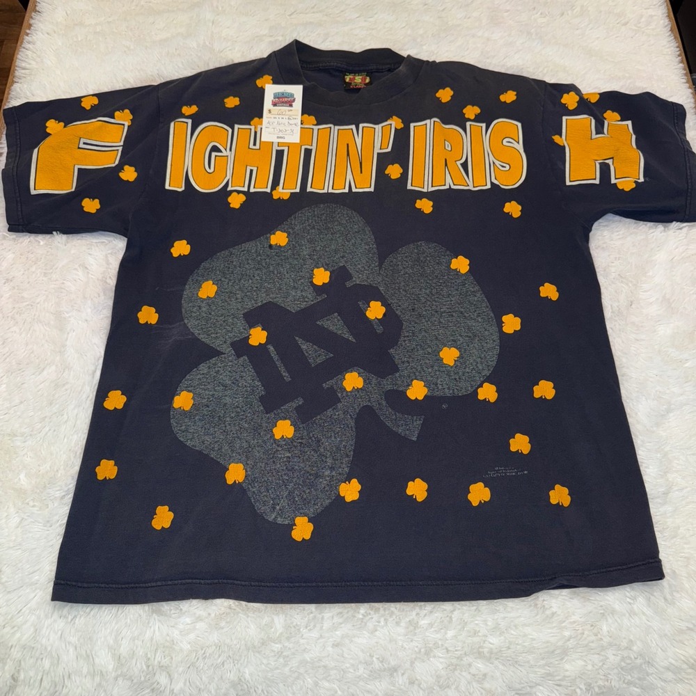 TSI Notre Dame Fighting Irish T-Shirt Mens XL Navy Good AOP Vintage 90s USA